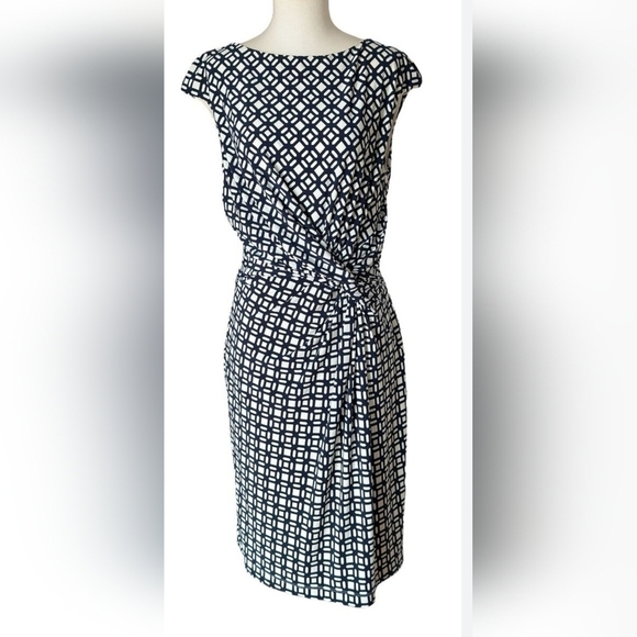 Lauren Ralph Lauren Navy White Geometric Knee length Dress Edgy MOD Sz.16 - Picture 1 of 10